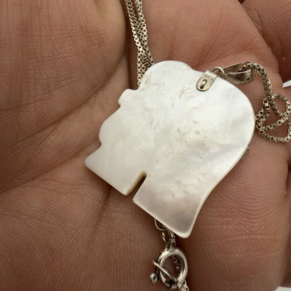 Vtg Mother Of Pearl Sterling Silver Necklace Elephant Chinese Good Luck Pendant